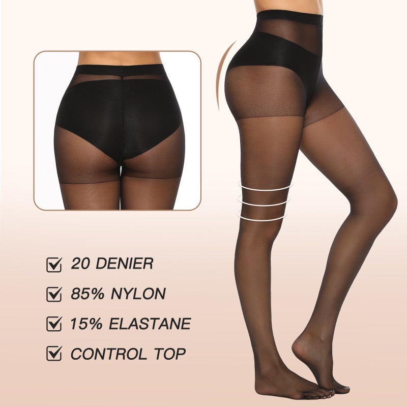 MANZI 6 Pairs 20D Women's Sheer Tights Ultra Thin High Waist Pantyhose Thigh Stockings, NaturalBlack M - Image 4